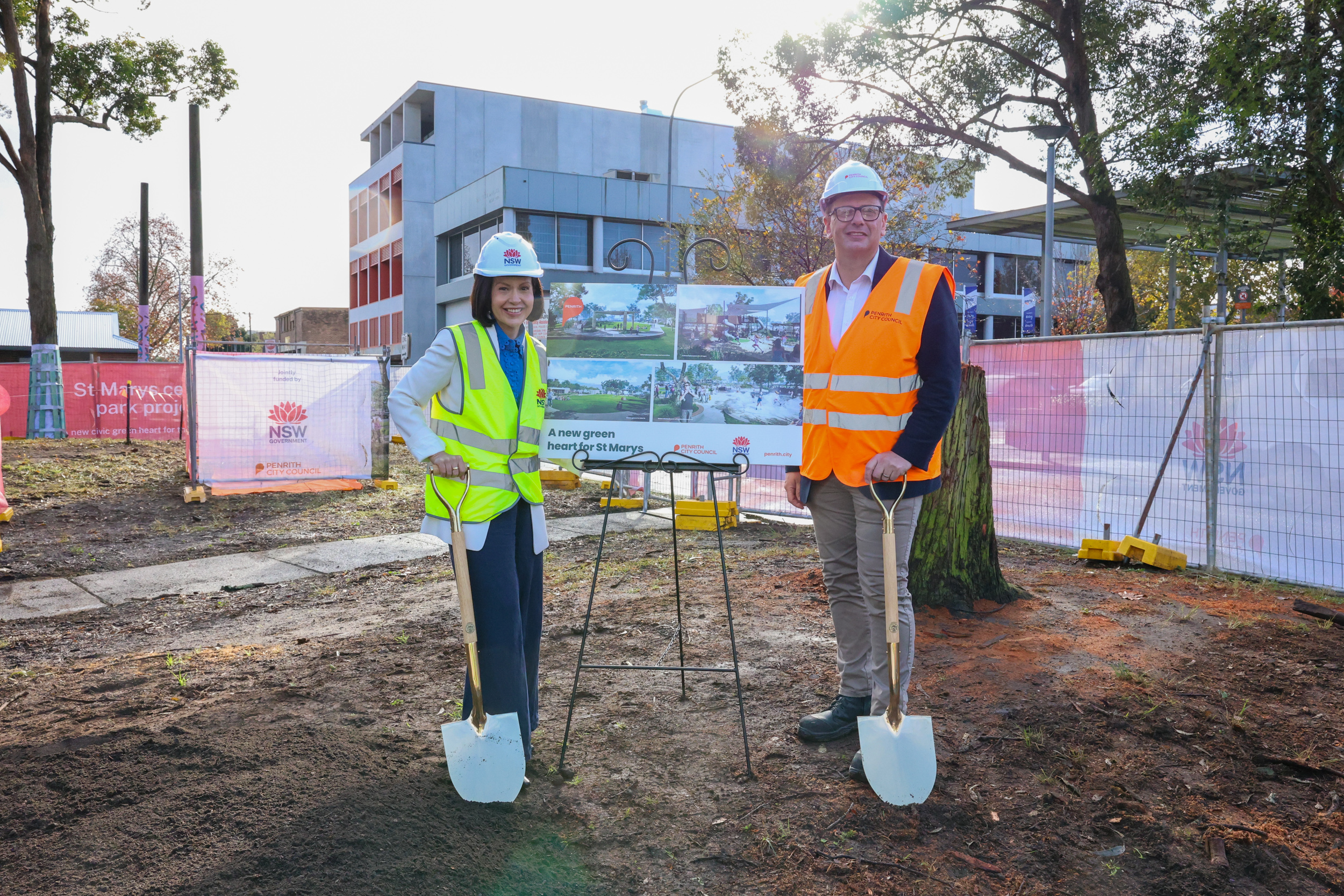 NSW Deputy Premier Prue Car and Penrith Mayor Todd Carney turn the first sod on the new central park for St Marys, marking the beginning of the landmark project that will deliver a new green heart for the Town Centre.