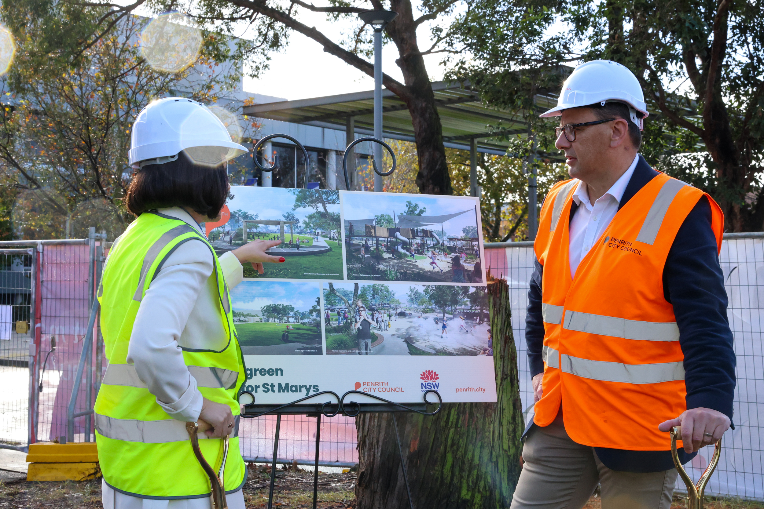 NSW Deputy Premier Prue Car and Penrith Mayor Todd Carney turn the first sod on the new central park for St Marys, marking the beginning of the landmark project that will deliver a new green heart for the Town Centre.