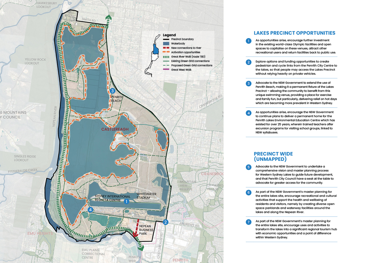 An illustrated map showing the Lakes Precinct opportunities in the Nepean River corridor