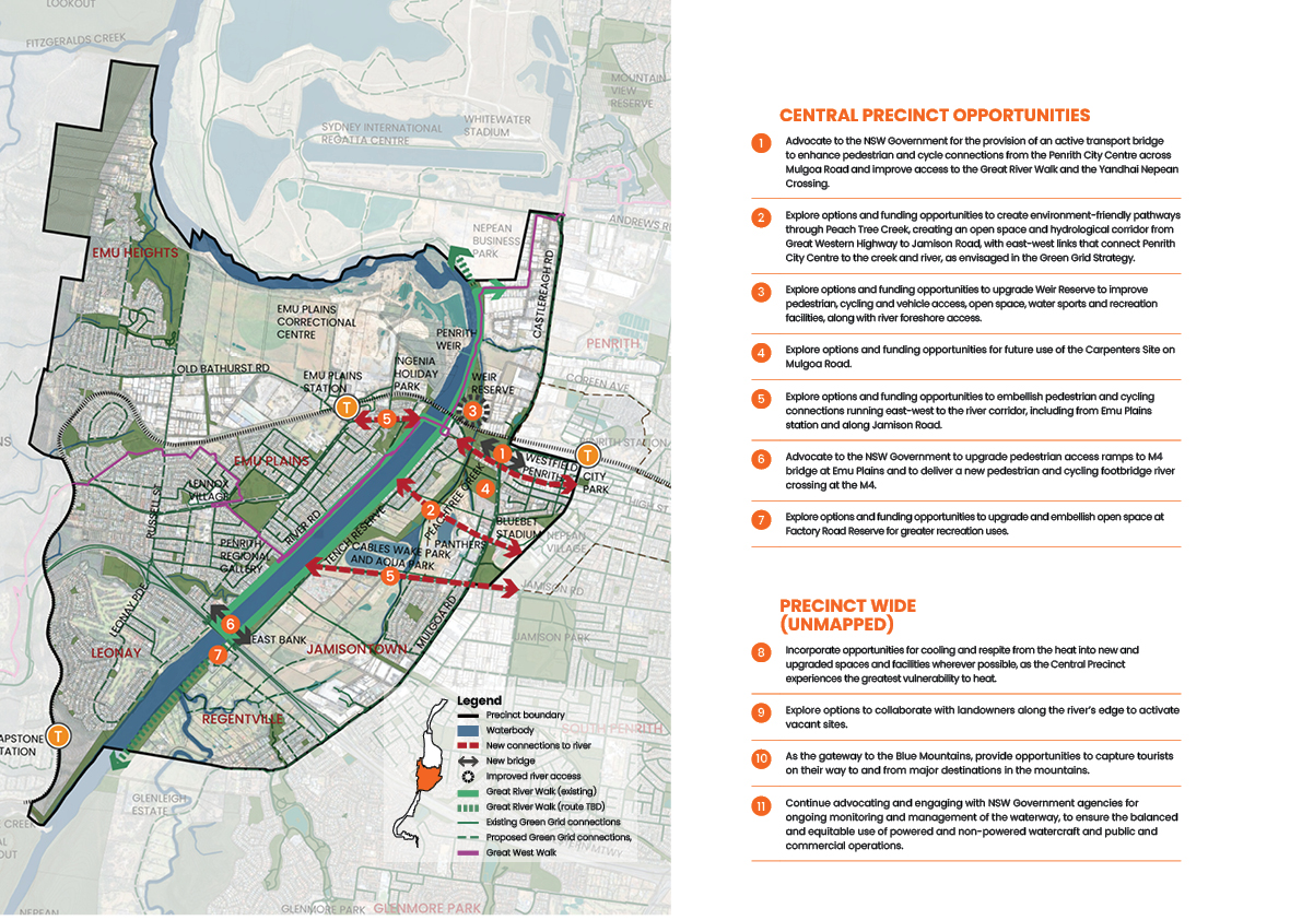 An illustrated map showing the Central Precinct opportunities in the Nepean River corridor