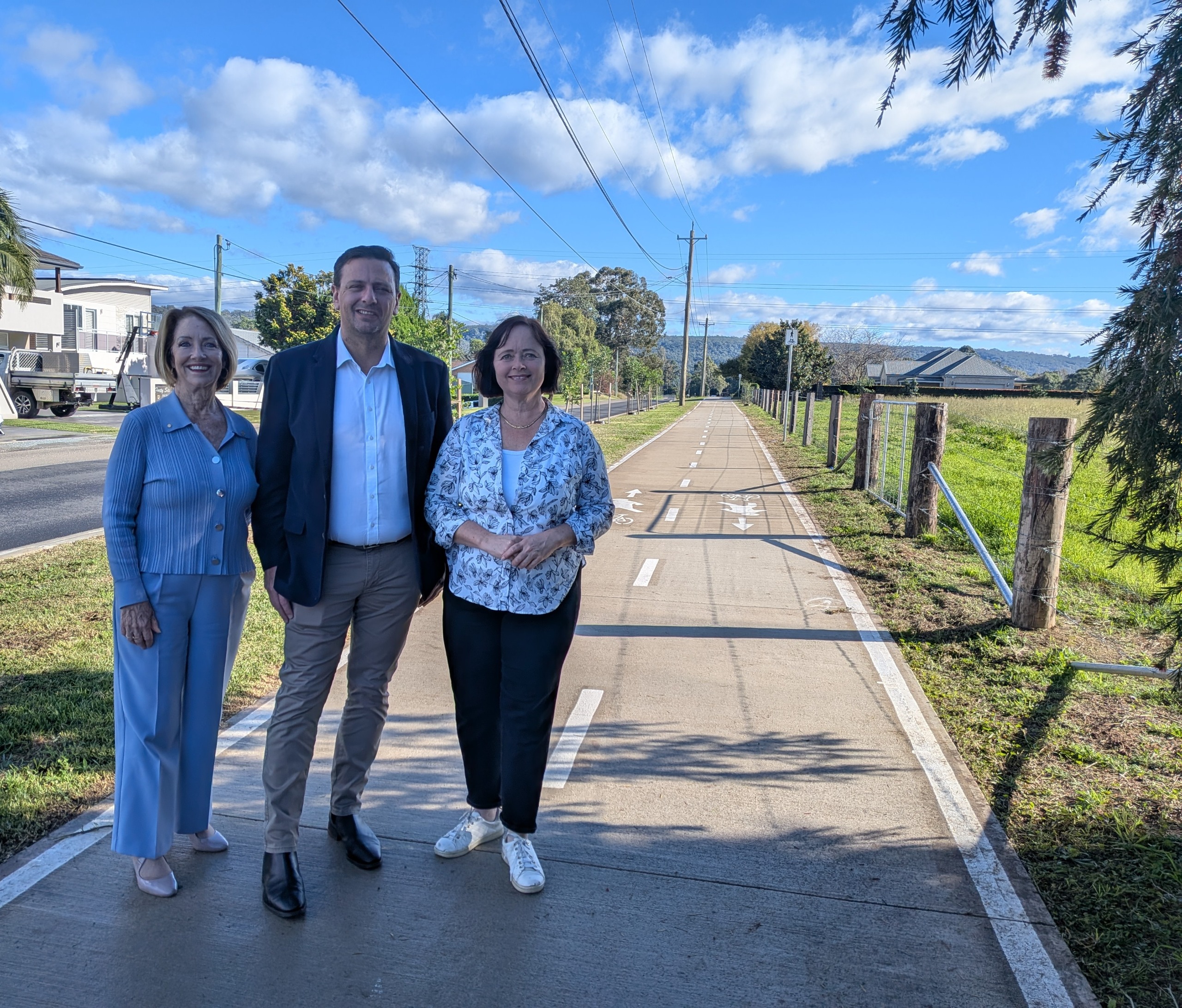 Member for Penrith Karen McKeown OAM, Penrith Mayor Todd Carney and Member for Badgerys Creek Tanya Davies celebrate the completion of the Factory Road shared path.