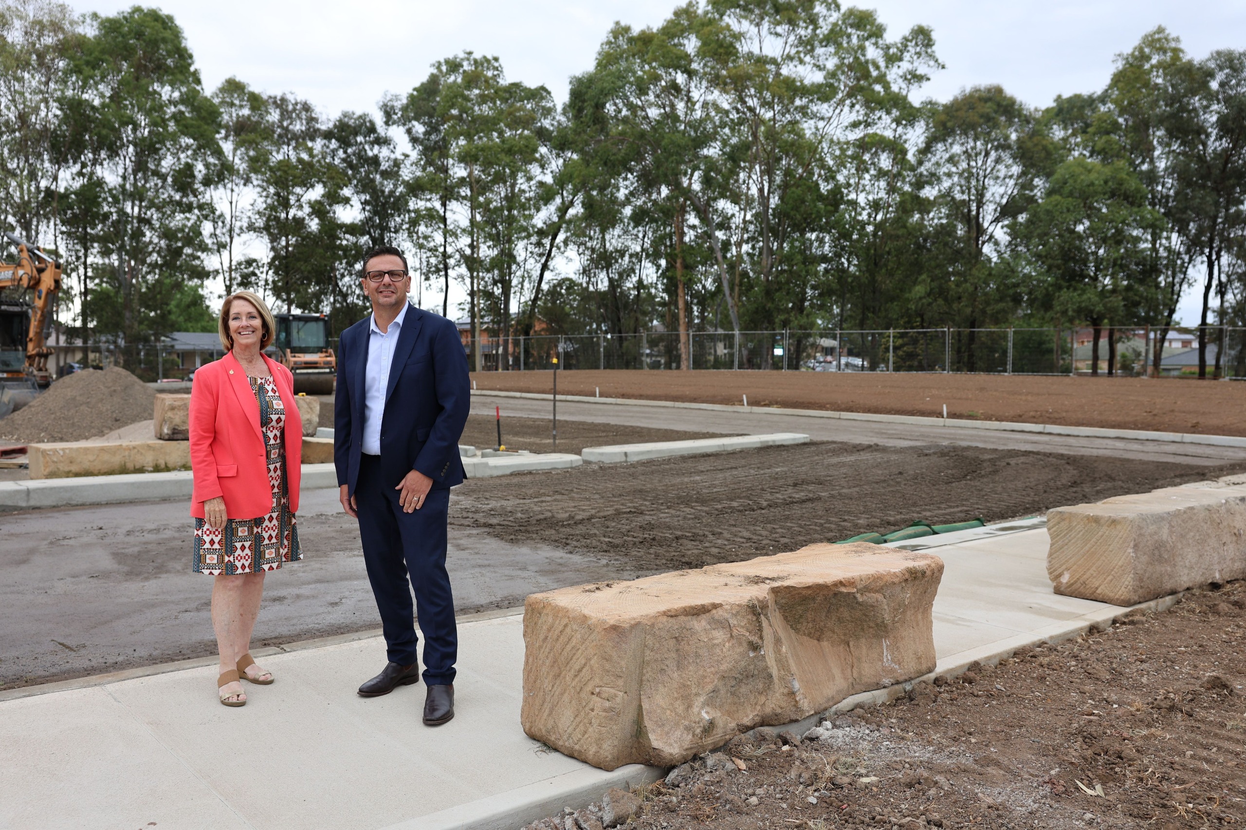 Member for Penrith Karen McKeown OAM and Mayor of Penrith Todd Carney in front of the Andromeda Drive Reserve car park works.