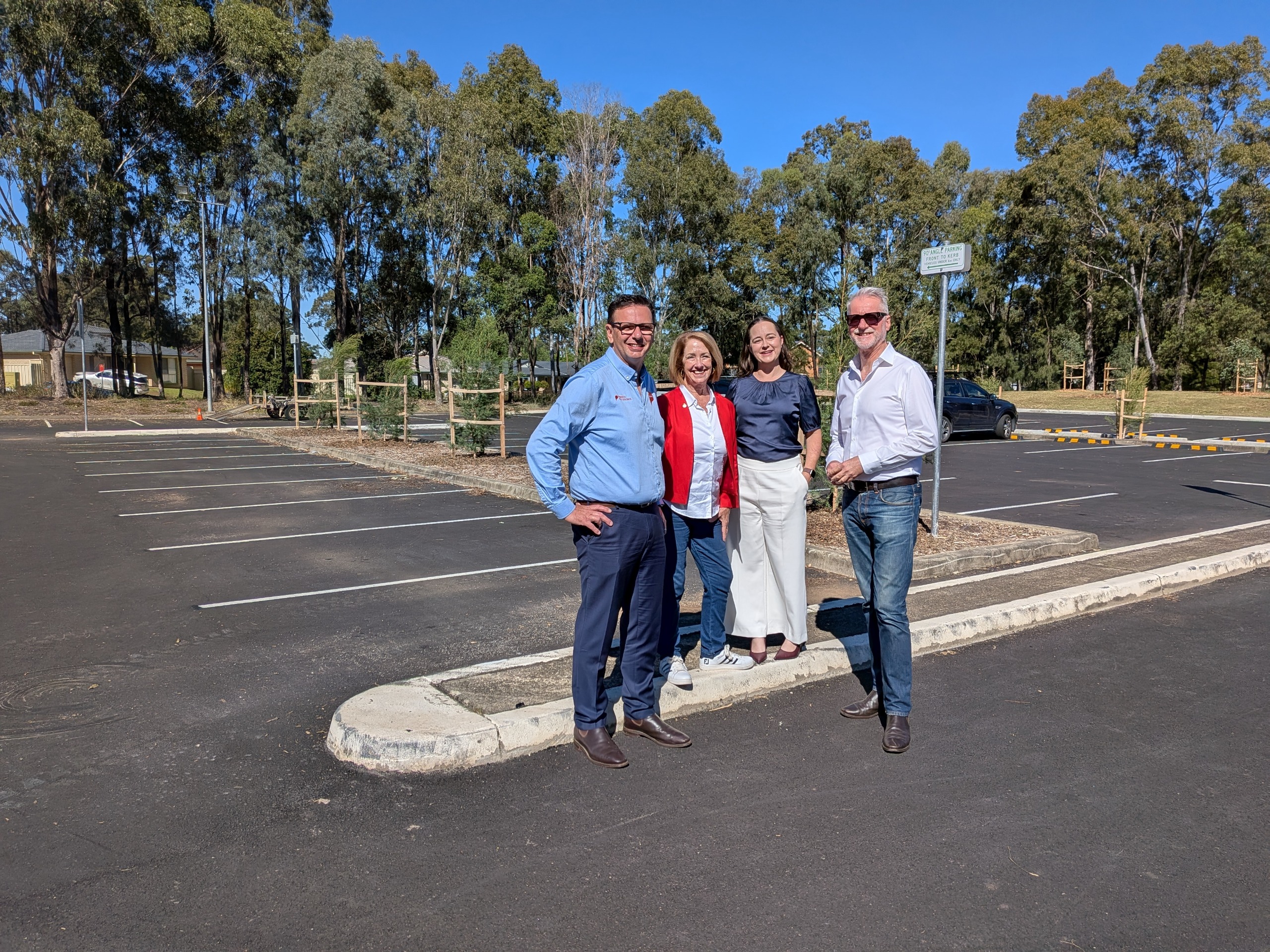 (L-R) Penrith Mayor Todd Carney, Member for Penrith Karen McKeown OAM, Councillor Hollie McLean and Senator for NSW Tony Sheldon at the upgraded car park at Andromeda Drive Reserve, Cranebrook.