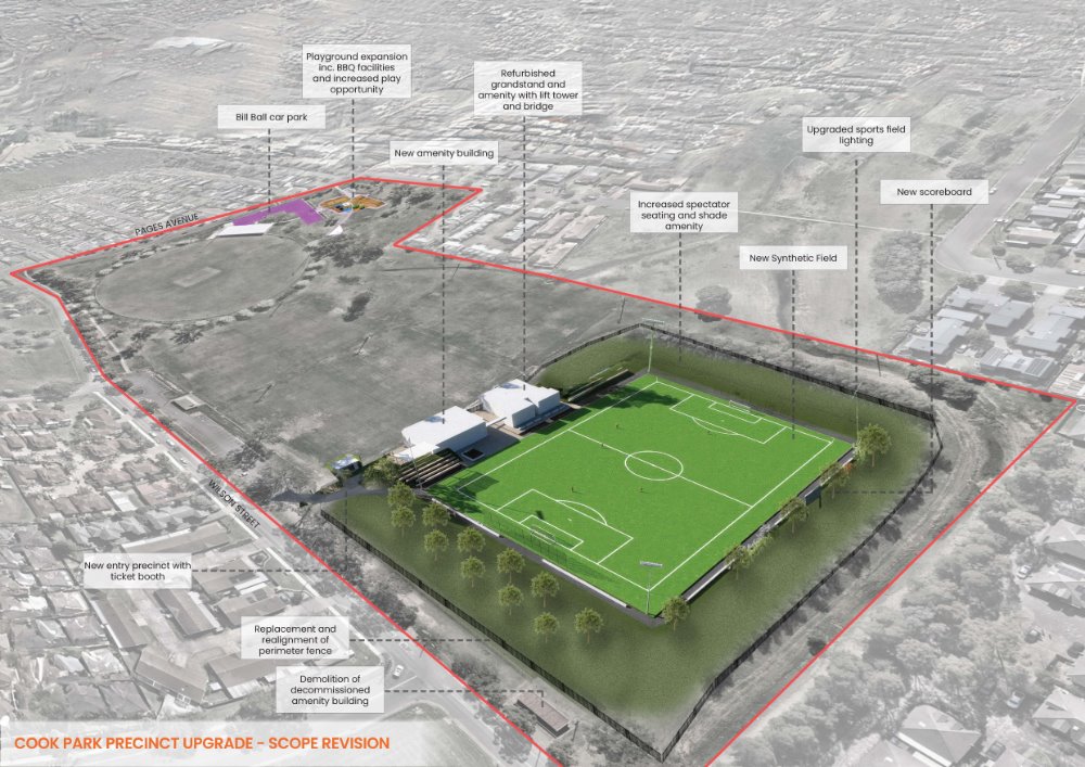 Aerial render of draft design for Cook Park