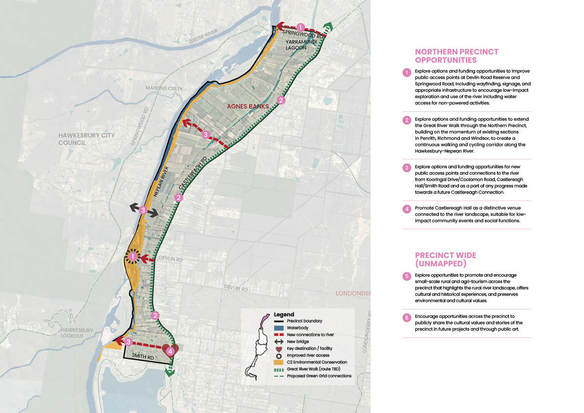 An illustrated map showing the Northern Precinct opportunities in the Nepean River corridor
