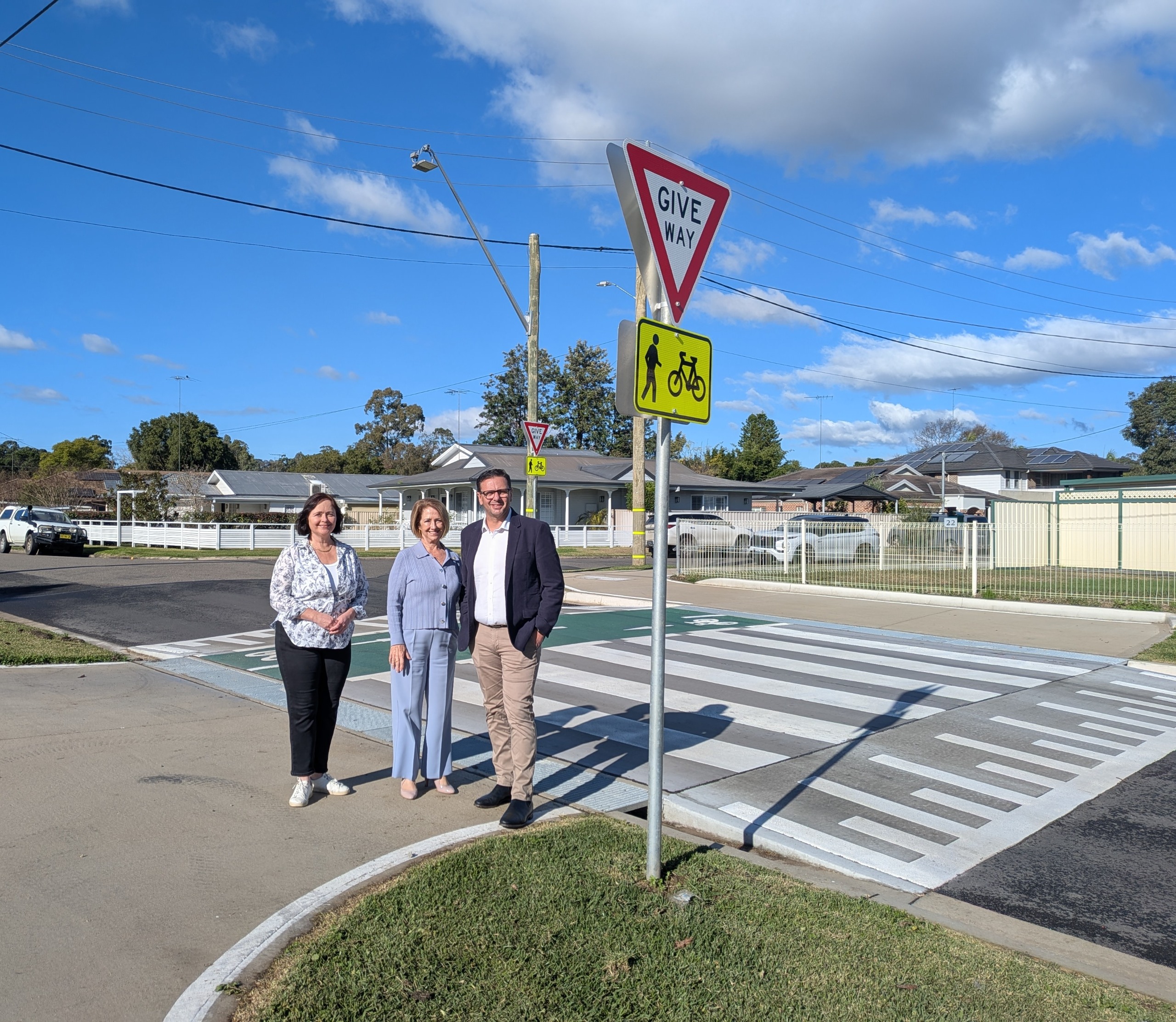Member for Badgerys Creek Tanya Davies, Member for Penrith Karen McKeown OAM and Penrith Mayor Todd Carney at one of the new pedestrian crossings at the Factory Road shared path