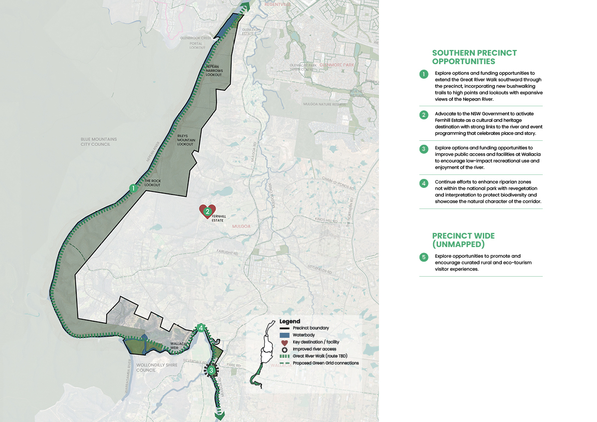 An illustrated map showing the Southern Precinct opportunities in the Nepean River corridor